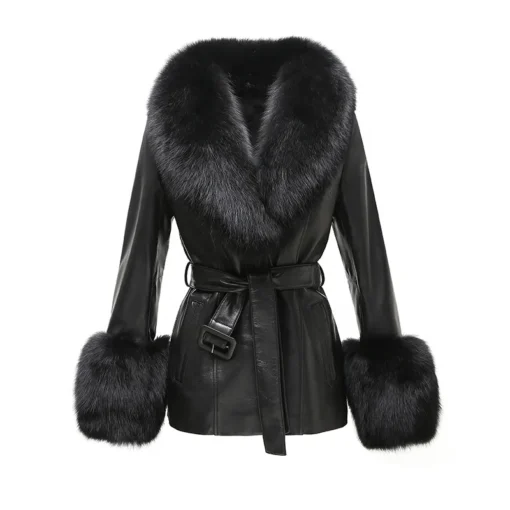 Leather Fur Coat Women Jacket Cuffs - Image 5
