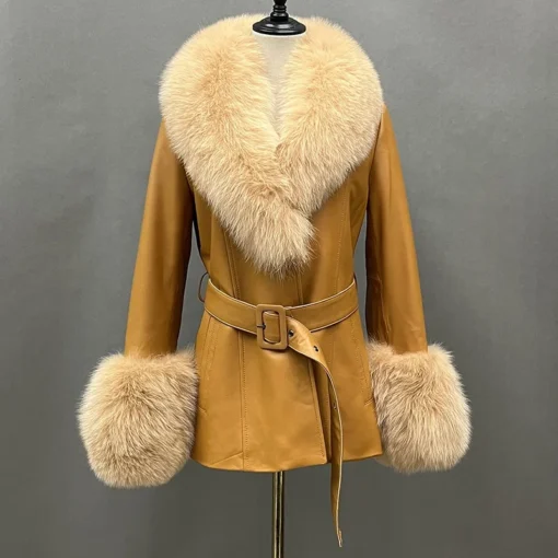 Leather Fur Coat Women Jacket Cuffs - Image 3