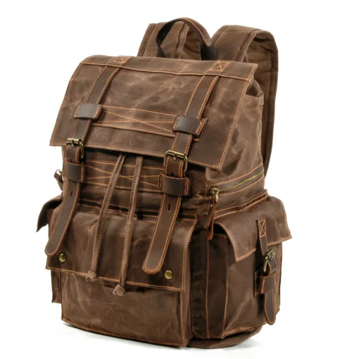 Large Capacity Vintage Backpack Oil Waxed Canvas - Image 4